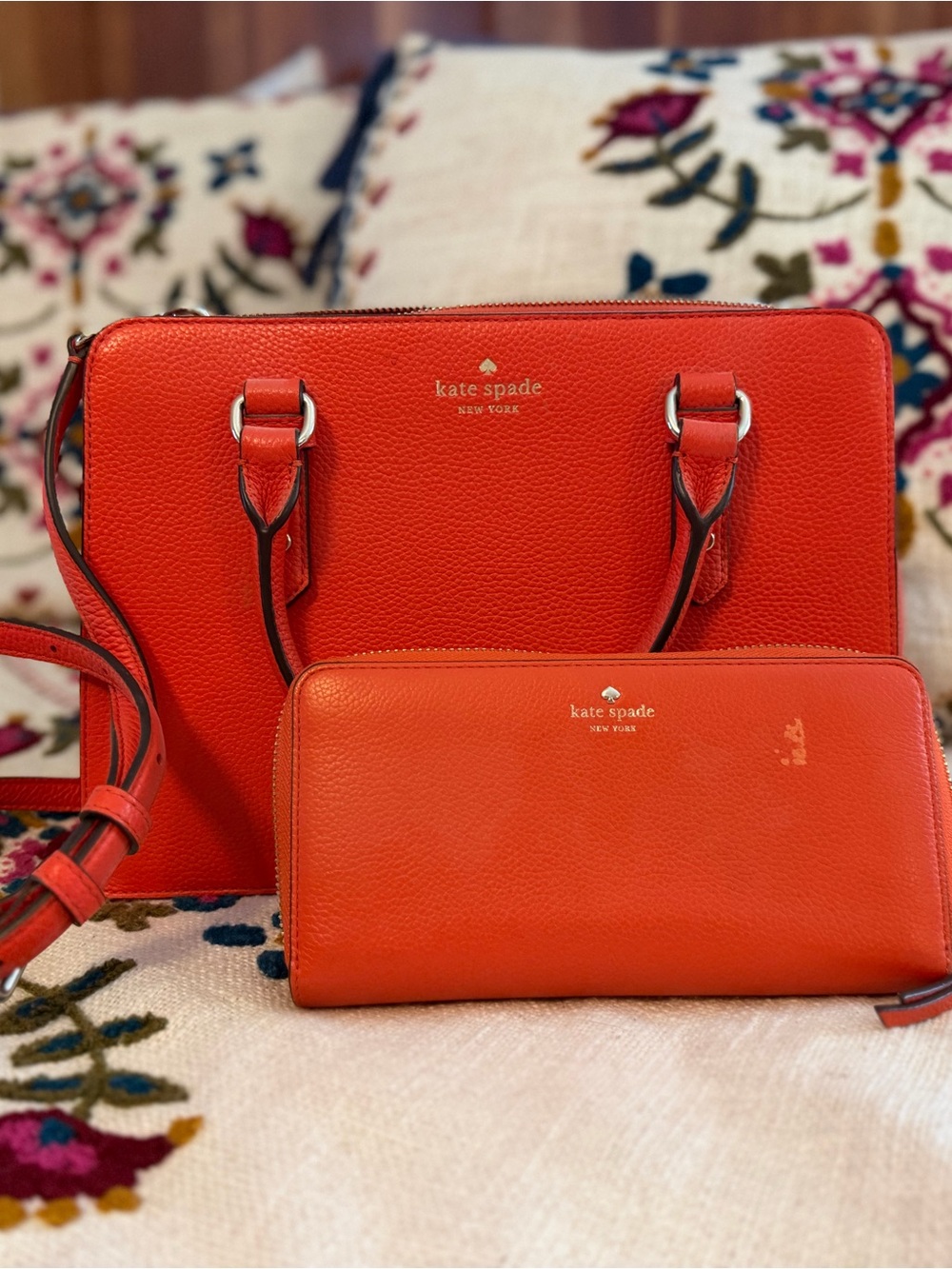 kate spade Orange Pebbled Leather Satchel with Matching Wallet